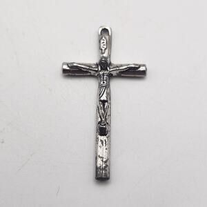 Silver Tone Tubular Crucifix Pendant Jesus Wheat Symbol Christian Cross Charm